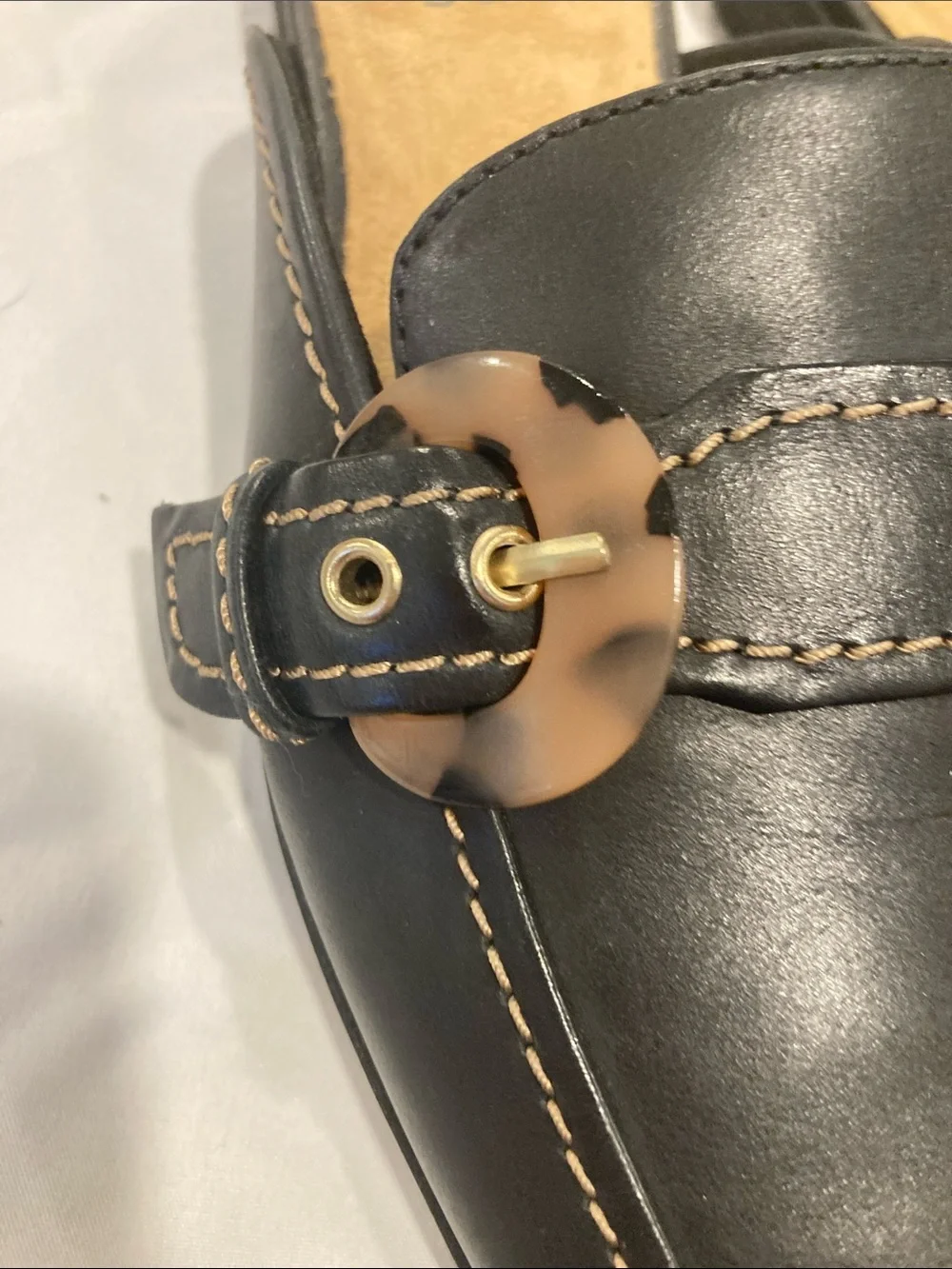 Clarks Black Leather Buckle Mule Flats